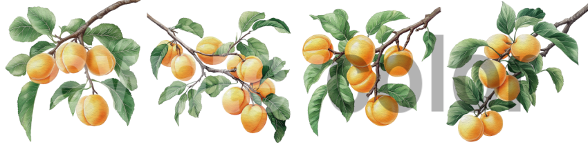 Branch with orange-yellow apricot fruits and green leaves