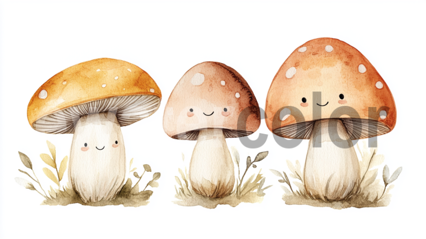 Watercolor happy mushrooms illustration