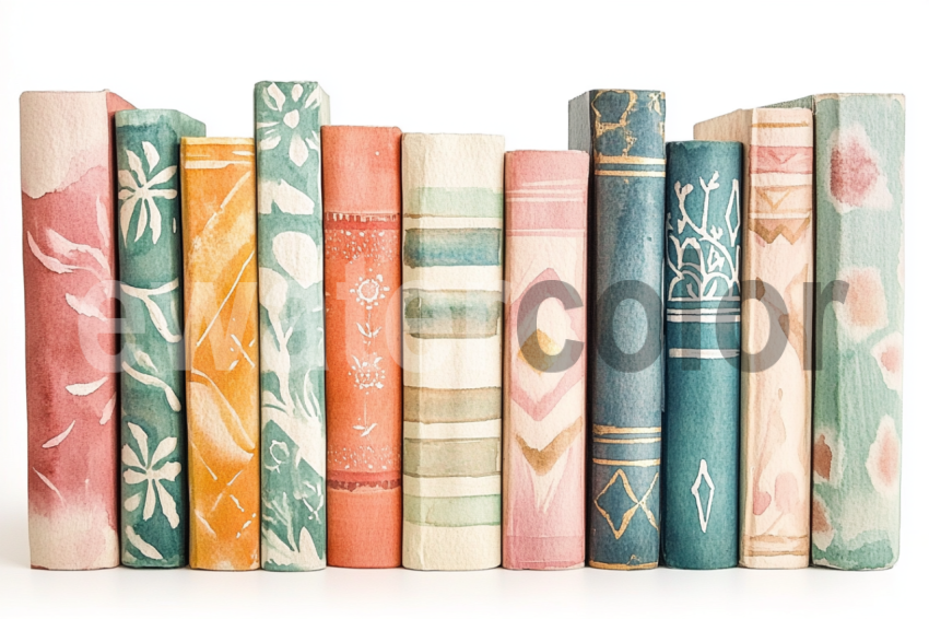 Collection of boho-style book spines in watercolor