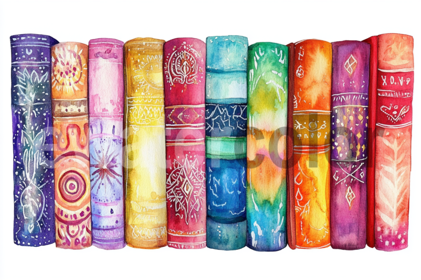 Watercolor depiction of bohemian book spines