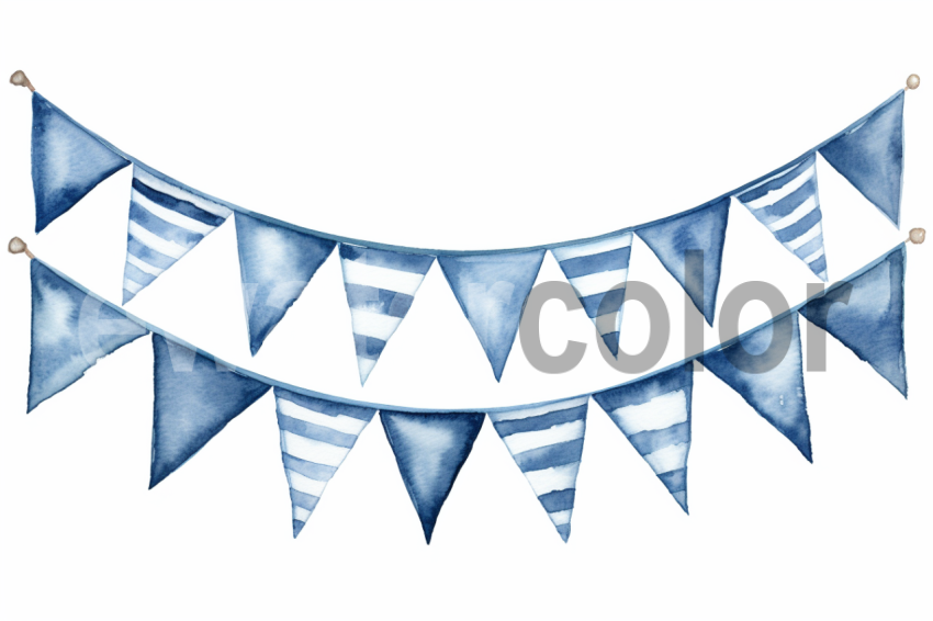 Festive blue and white bunting watercolor illustration