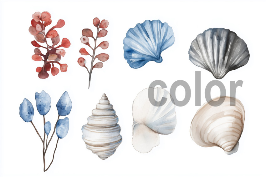 Watercolor Set of Seashells and Botanicals