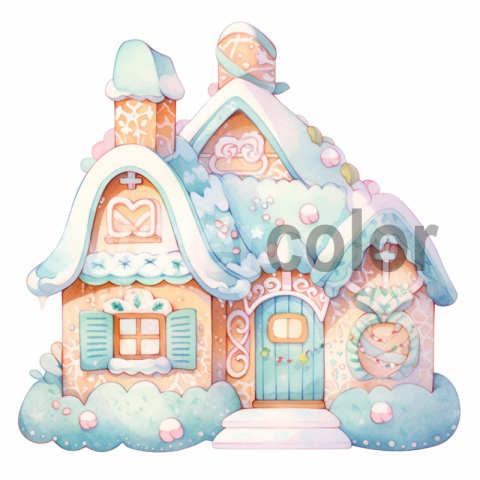 Gingerbread cookie cute house, watercolor painting