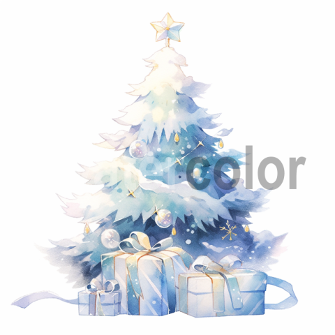 Watercolor Decorated Christmas Tree with Gifts