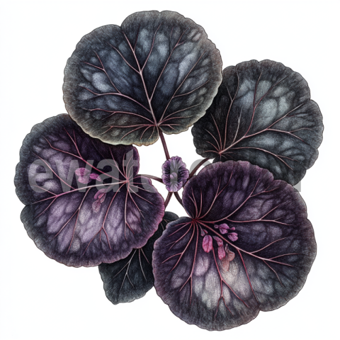 Watercolor Begonia Moonlight Butterfly Illustration, almost black-purple leaves