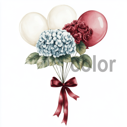 Bouquet of hydrangeas and roses tied with a red velvet ribbon flies on balloons