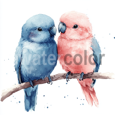 Watercolor Two blue and pink Parrots on a Branch