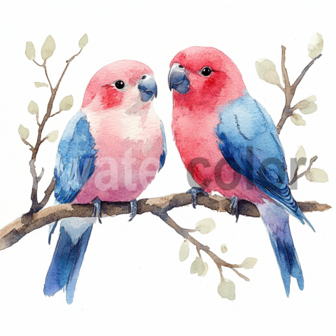 Watercolor Two parrots Birds in Love