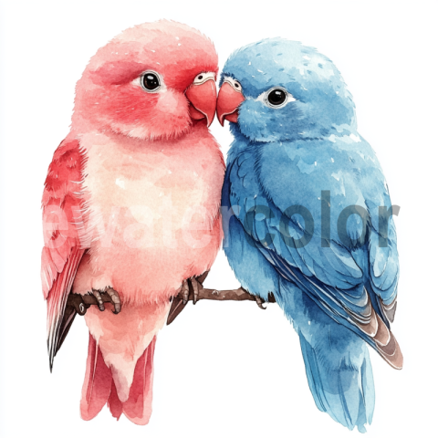 Watercolor Two pink and blue Parrots on a Branch