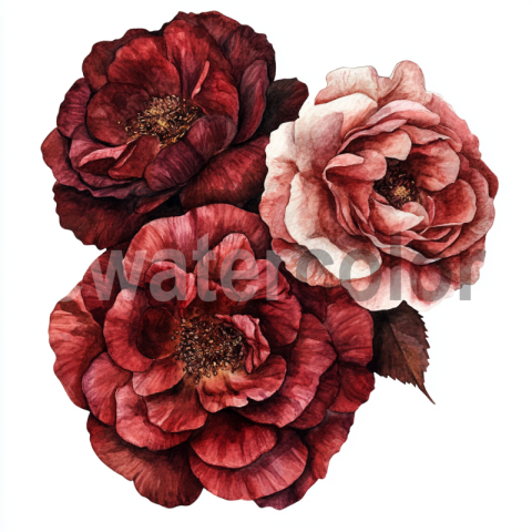 Large vintage renaissance roses, watercolour deep red and pink