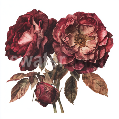 Watercolor Vintage Red Rose Illustration