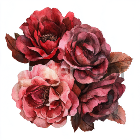 Watercolor Romantic Dark Red Roses