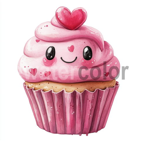 Watercolor Cute pink Kawaii Cupcake with Heart