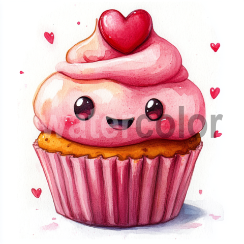 Watercolor Valentine's Day kawaii Cupcake