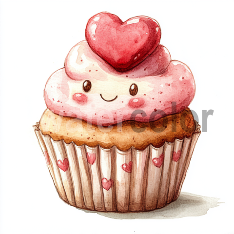 Watercolor Kawaii Cupcake with Heart