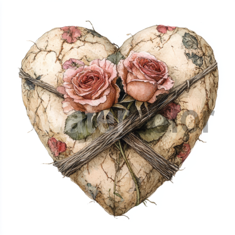 Antique victorian romantic heart with roses wrapped around