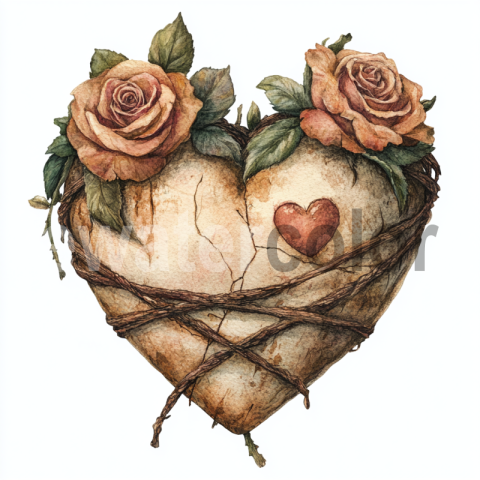 Watercolor victorian heart with roses wrapped around