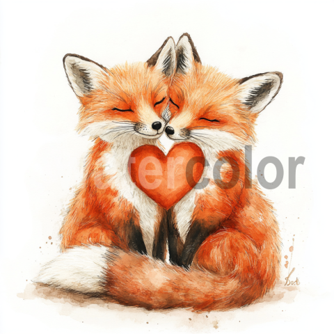 Watercolor Cute Foxes and Heart