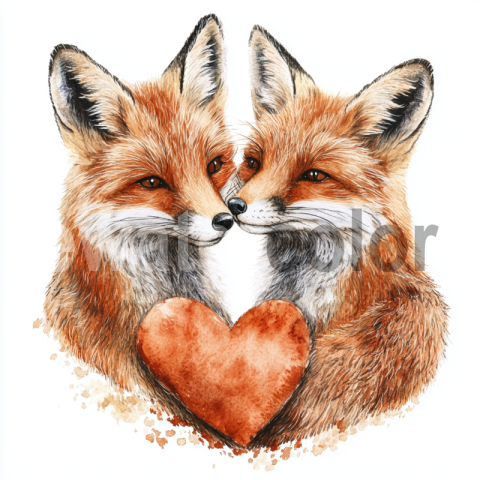 Watercolor Romantic Foxes Illustration