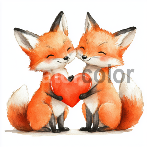 Watercolor Two Foxes Holding a Heart