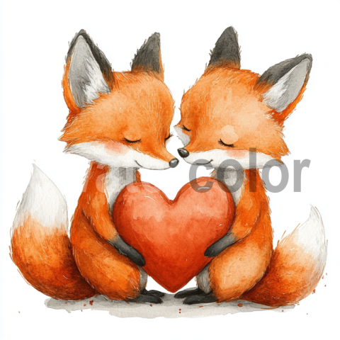 Watercolor Foxes in Love