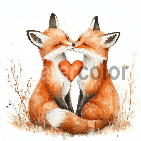 Watercolor Affectionate Foxes and Heart