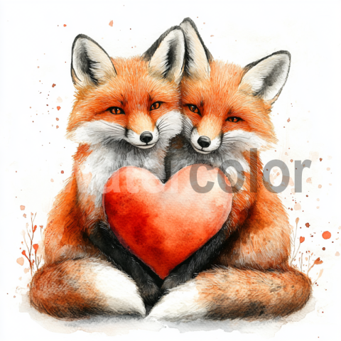 Watercolor Two Foxes Embracing a Heart