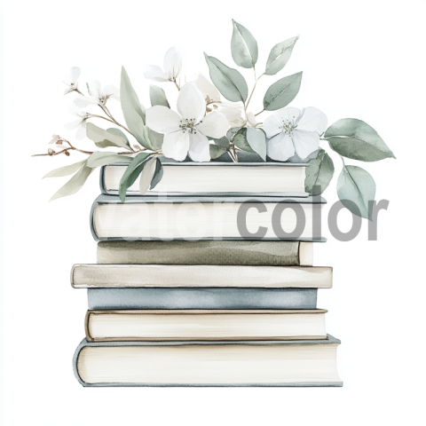 Watercolor Stack of Books with Flowers