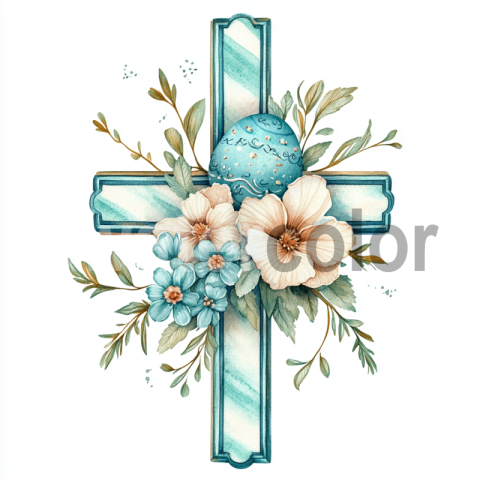 Watercolor Easter Cross with Flowers and Egg