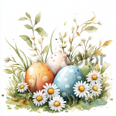 Watercolor Easter Eggs and Daisies