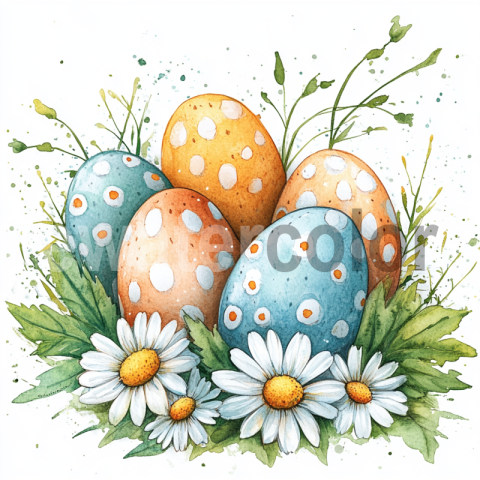 Watercolor Easter Egg Floral Scene