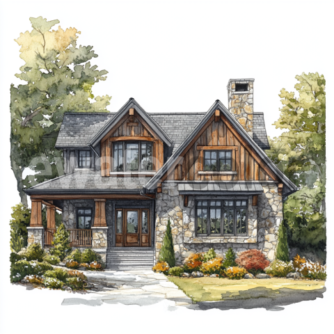 Watercolor Stone and Wood House