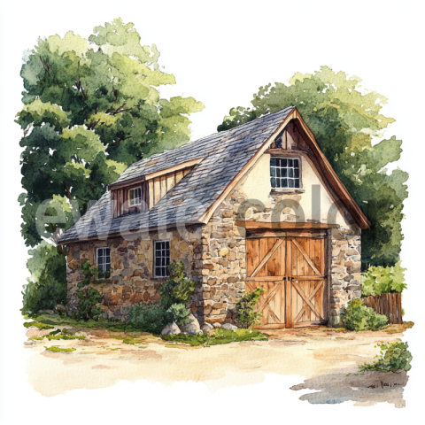 Watercolor barndominium illustration