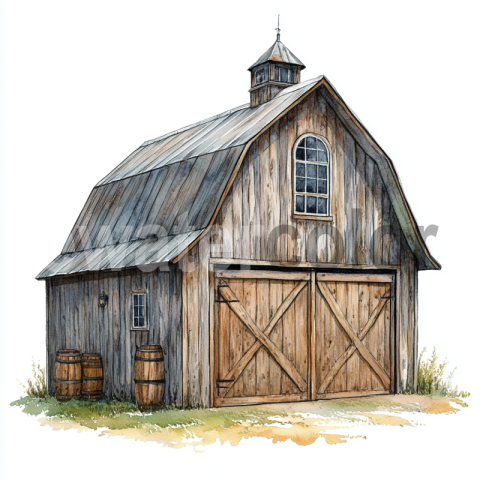 Watercolor Countryside Barn Scene