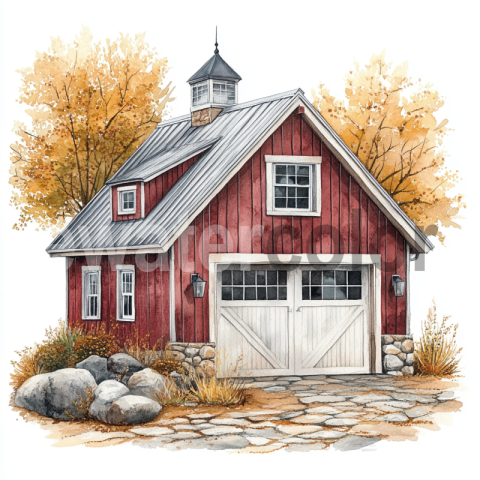 Watercolor Autumn Barn Scene