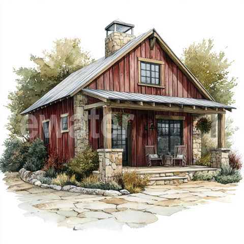 Watercolor Country House with Porch