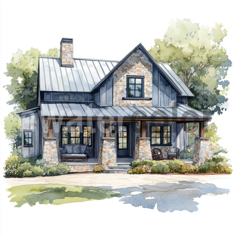 Watercolor Rustic Home with Stone Chimney