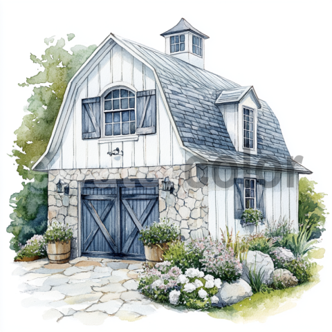 Watercolor White Barn with Loft