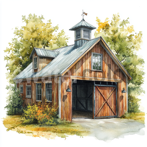 Watercolor Quaint Barn with Dormer Windows