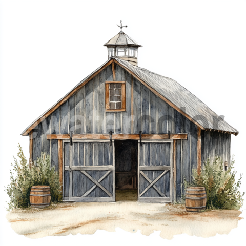 Watercolor Rustic Barn Outbuilding