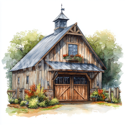 Watercolor Rustic Barn with Overhang