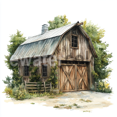 Watercolor Vintage Barn with Garden