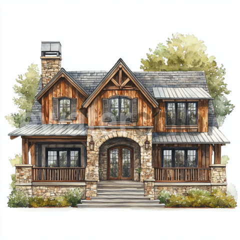 Watercolor Rustic Stone House