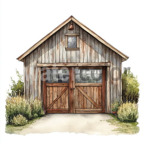 Watercolor Rustic Wooden Garage