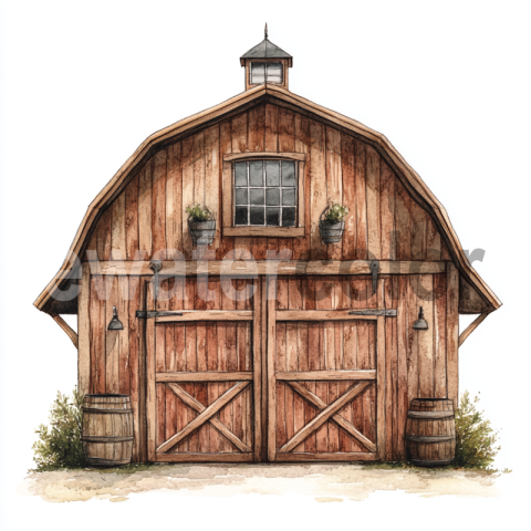 Watercolor Country barndominium Illustration