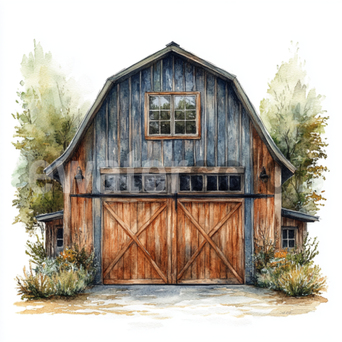 Watercolor Vintage Barn with Garden illustration