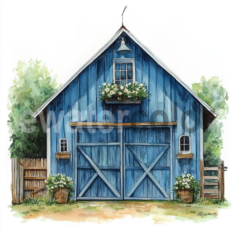 Watercolor Vintage blue Barn illustration