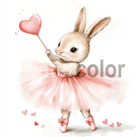 Watercolor Bunny Ballerina with Heart