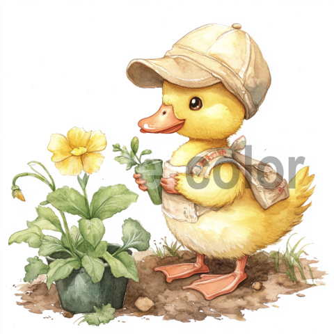 Watercolor Cute Duckling Gardening