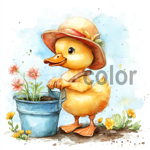 Watercolor Baby Duckling with Flower